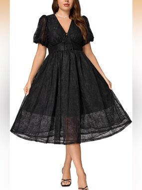 Elegant Black Lace Midi Dress with V-Neck and Puff Sleeves